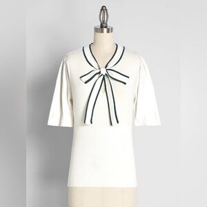 ModCloth Bow Thyself Cream & Green Trim Short Sleeve Soft Tie Neck SweaterXL NWT